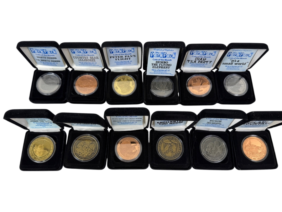 Complete Disney Park Pack Coin Of The Month Full Set Of 12 - 2017 Subscription - Limited Edition Theme Park Attraction Medallions With Certificates Of Authenticity
