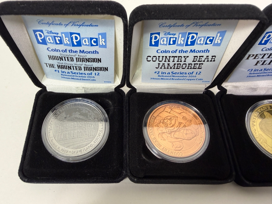 Complete Disney Park Pack Coin Of The Month Full Set Of 12 - 2017 Subscription - Limited Edition Theme Park Attraction Medallions With Certificates Of Authenticity [Photo 3]