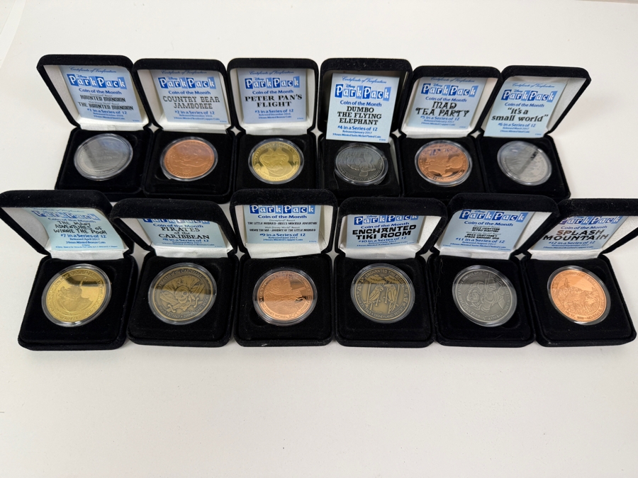 Complete Disney Park Pack Coin Of The Month Full Set Of 12 - 2017 Subscription - Limited Edition Theme Park Attraction Medallions With Certificates Of Authenticity [Photo 2]