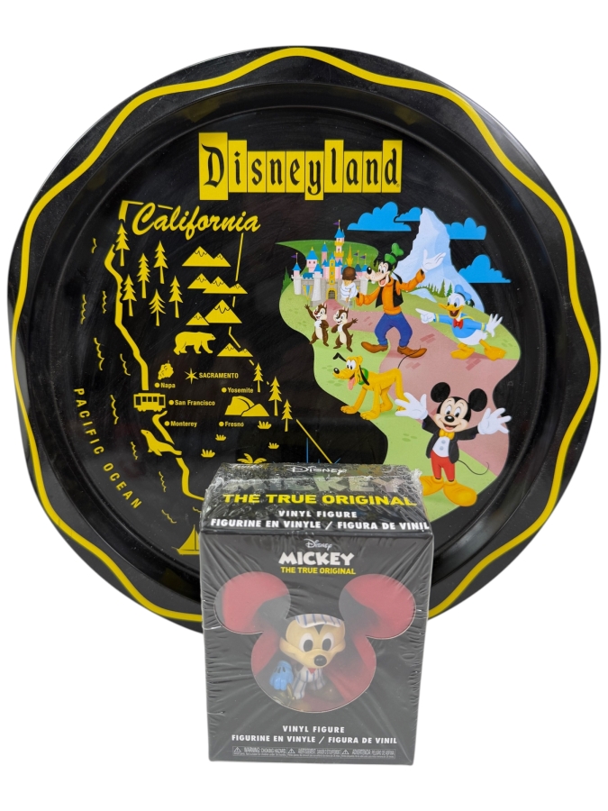 Vintage Disneyland California Tin Map Tray And Mickey The True Original 90th Anniversary Mystery Vinyl Figure Set - Disney Parks Collectibles