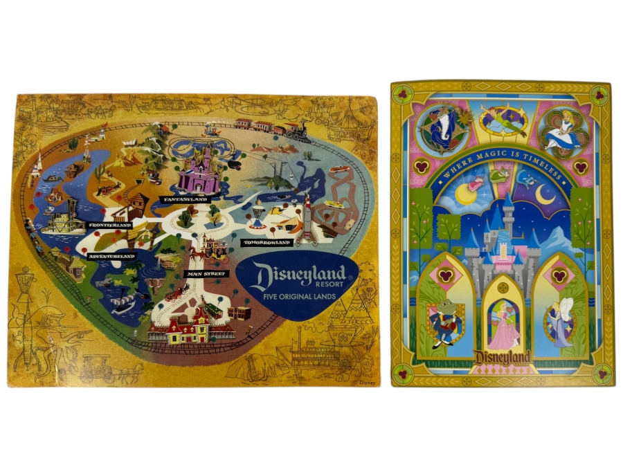 Vintage Disneyland California Five Original Lands Tin Map Tray And Where Magic Is Timeless Character Art Print Postcard Set