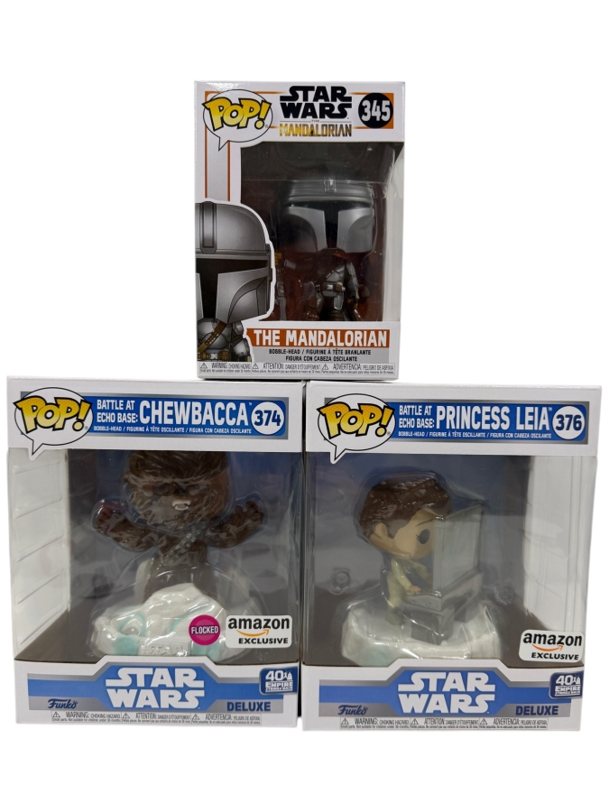 Funko Pop! Star Wars Bundle - The Mandalorian #345, Amazon Exclusive Battle At Echo Base Flocked Chewbacca #374 & Princess Leia #376