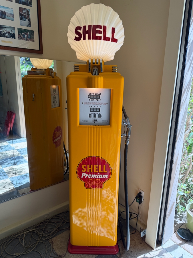 Authentic Restored Vintage Shell Gas Pump By Erie Meter Systems Model 70 Serial No. 96022 Circa 1930s/40s With Reproduction Top Globe 24W X 17D X 86H (RSF)