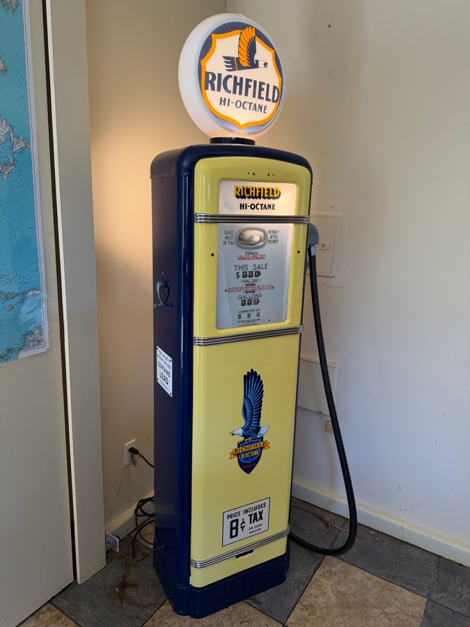 Authentic Restored Vintage Richfield Hi-Octane Gas Pump By Gilbarco Circa 1950s With Reproduction Top Globe (Front Glass Is Broken And Back Top Glass Piece Is Missing - See Photos) 30W X 16D X 87H (RSF) [Photo 9]