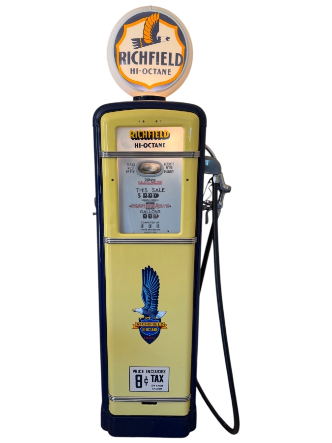 Authentic Restored Vintage Richfield Hi-Octane Gas Pump By Gilbarco Circa 1950s With Reproduction Top Globe (Front Glass Is Broken And Back Top Glass Piece Is Missing - See Photos) 30W X 16D X 87H (RSF) [Photo 2]