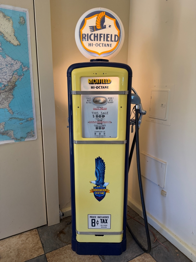 Authentic Restored Vintage Richfield Hi-Octane Gas Pump By Gilbarco Circa 1950s With Reproduction Top Globe (Front Glass Is Broken And Back Top Glass Piece Is Missing - See Photos) 30W X 16D X 87H (RSF)
