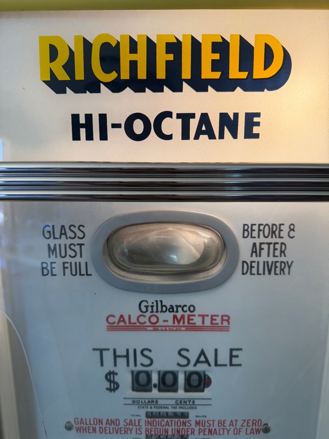 Authentic Restored Vintage Richfield Hi-Octane Gas Pump By Gilbarco Circa 1950s With Reproduction Top Globe (Front Glass Is Broken And Back Top Glass Piece Is Missing - See Photos) 30W X 16D X 87H (RSF) [Photo 6]