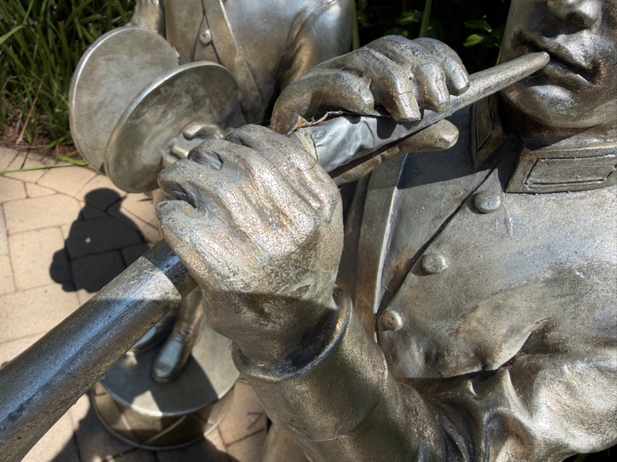 Set Of (4) Shinoda Silver Resin Marching Band Soldiers (Trumpet Has Been Repaired) 36'H Retails $394 (RSF) [Photo 6]