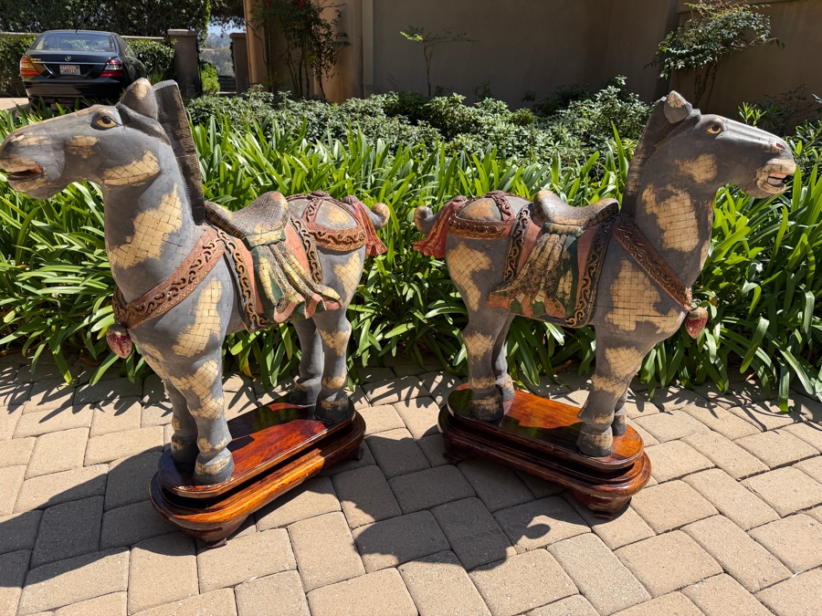 Impressive Pair Of Large Chinese Tang Dynasty Style Carved Wooden Polychrome Horse Sculptures Adorned With Bone On Custom Wooden Stands 36W X 11D X 40H (RSF) [Photo 20]