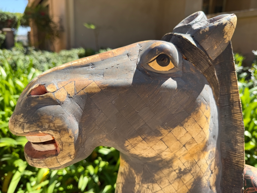 Impressive Pair Of Large Chinese Tang Dynasty Style Carved Wooden Polychrome Horse Sculptures Adorned With Bone On Custom Wooden Stands 36W X 11D X 40H (RSF) [Photo 9]