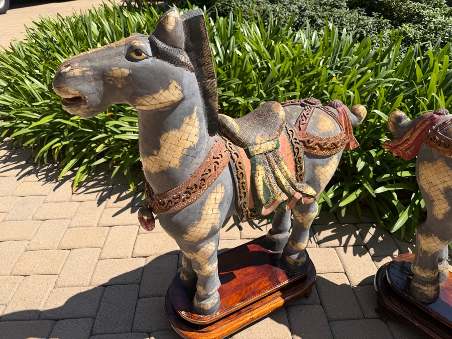 Impressive Pair Of Large Chinese Tang Dynasty Style Carved Wooden Polychrome Horse Sculptures Adorned With Bone On Custom Wooden Stands 36W X 11D X 40H (RSF) [Photo 22]