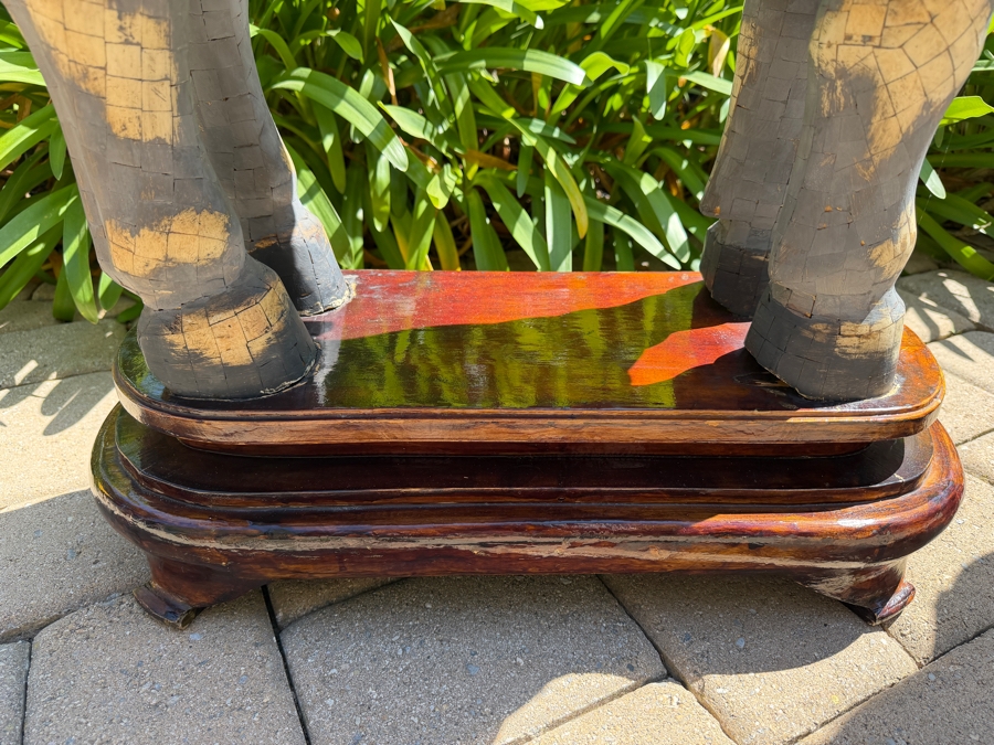 Impressive Pair Of Large Chinese Tang Dynasty Style Carved Wooden Polychrome Horse Sculptures Adorned With Bone On Custom Wooden Stands 36W X 11D X 40H (RSF) [Photo 14]