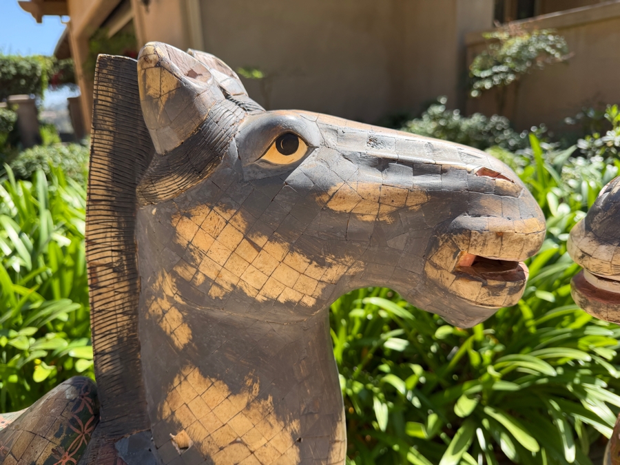 Impressive Pair Of Large Chinese Tang Dynasty Style Carved Wooden Polychrome Horse Sculptures Adorned With Bone On Custom Wooden Stands 36W X 11D X 40H (RSF) [Photo 10]