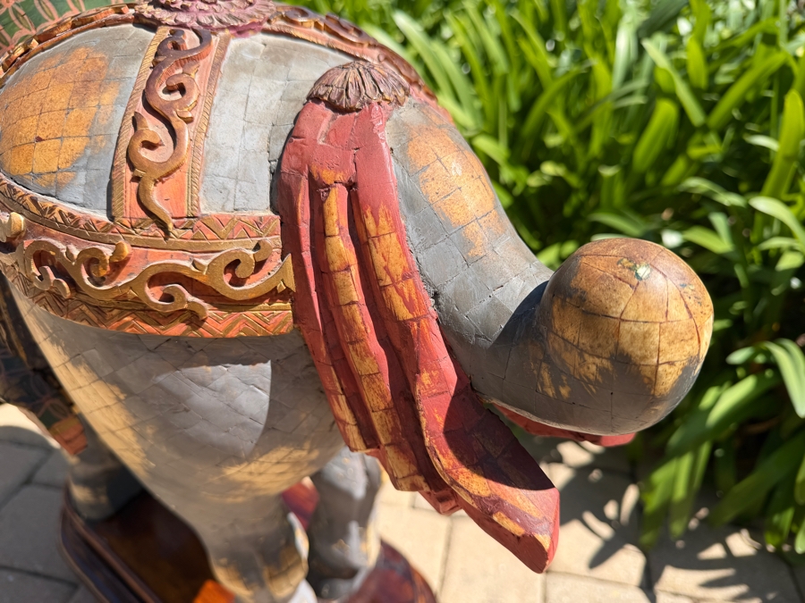 Impressive Pair Of Large Chinese Tang Dynasty Style Carved Wooden Polychrome Horse Sculptures Adorned With Bone On Custom Wooden Stands 36W X 11D X 40H (RSF) [Photo 16]