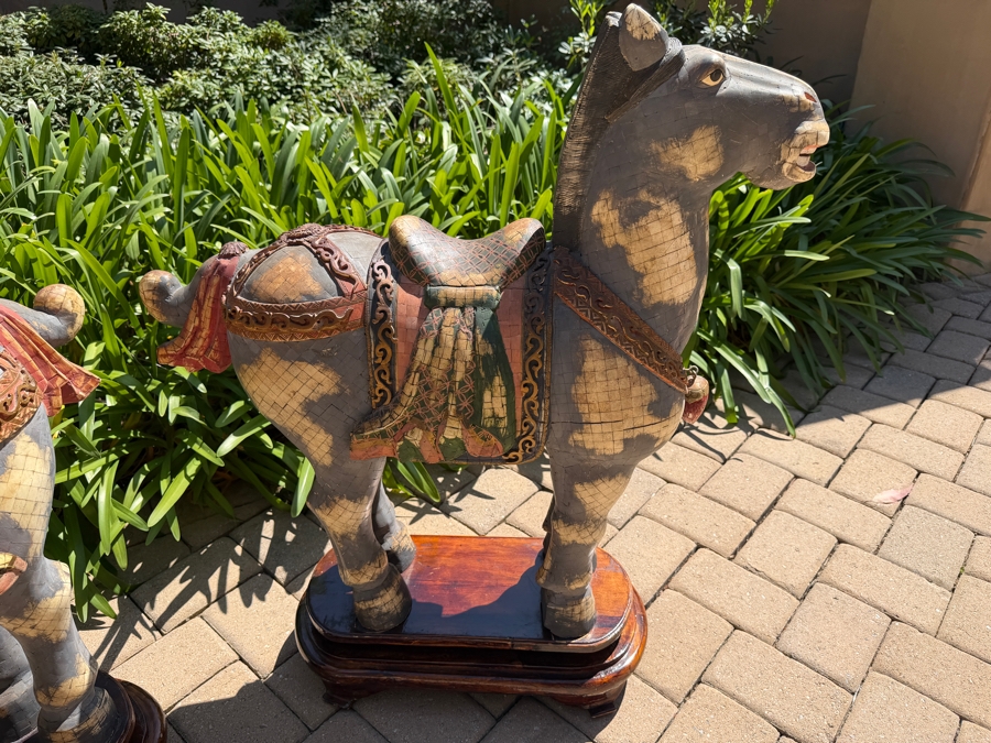 Impressive Pair Of Large Chinese Tang Dynasty Style Carved Wooden Polychrome Horse Sculptures Adorned With Bone On Custom Wooden Stands 36W X 11D X 40H (RSF) [Photo 21]