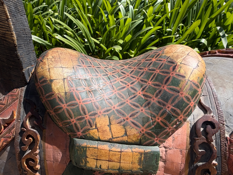 Impressive Pair Of Large Chinese Tang Dynasty Style Carved Wooden Polychrome Horse Sculptures Adorned With Bone On Custom Wooden Stands 36W X 11D X 40H (RSF) [Photo 8]