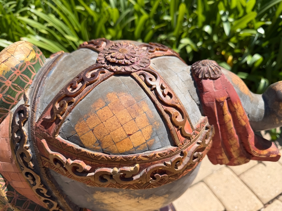 Impressive Pair Of Large Chinese Tang Dynasty Style Carved Wooden Polychrome Horse Sculptures Adorned With Bone On Custom Wooden Stands 36W X 11D X 40H (RSF) [Photo 6]