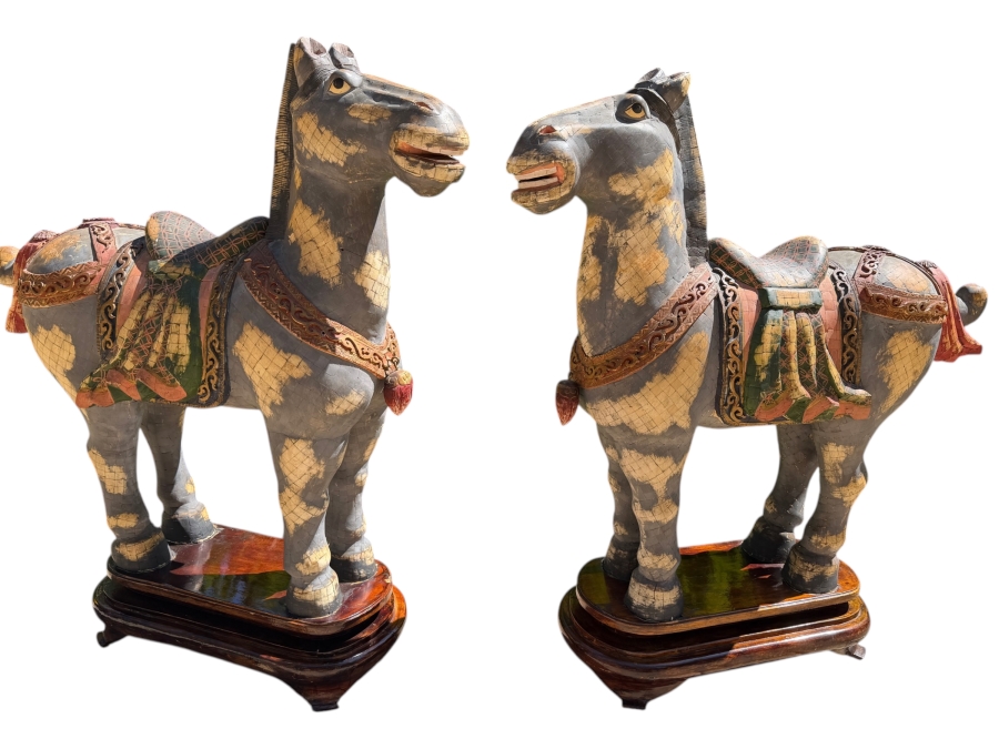Impressive Pair Of Large Chinese Tang Dynasty Style Carved Wooden Polychrome Horse Sculptures Adorned With Bone On Custom Wooden Stands 36W X 11D X 40H (RSF) [Photo 2]
