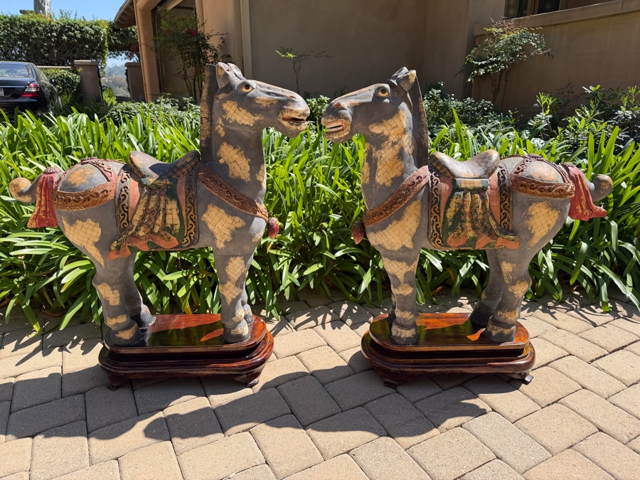 Impressive Pair Of Large Chinese Tang Dynasty Style Carved Wooden Polychrome Horse Sculptures Adorned With Bone On Custom Wooden Stands 36W X 11D X 40H (RSF) [Photo 3]