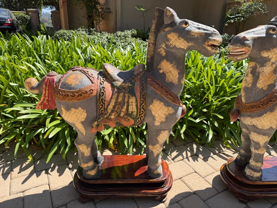 Impressive Pair Of Large Chinese Tang Dynasty Style Carved Wooden Polychrome Horse Sculptures Adorned With Bone On Custom Wooden Stands 36W X 11D X 40H (RSF) [Photo 4]
