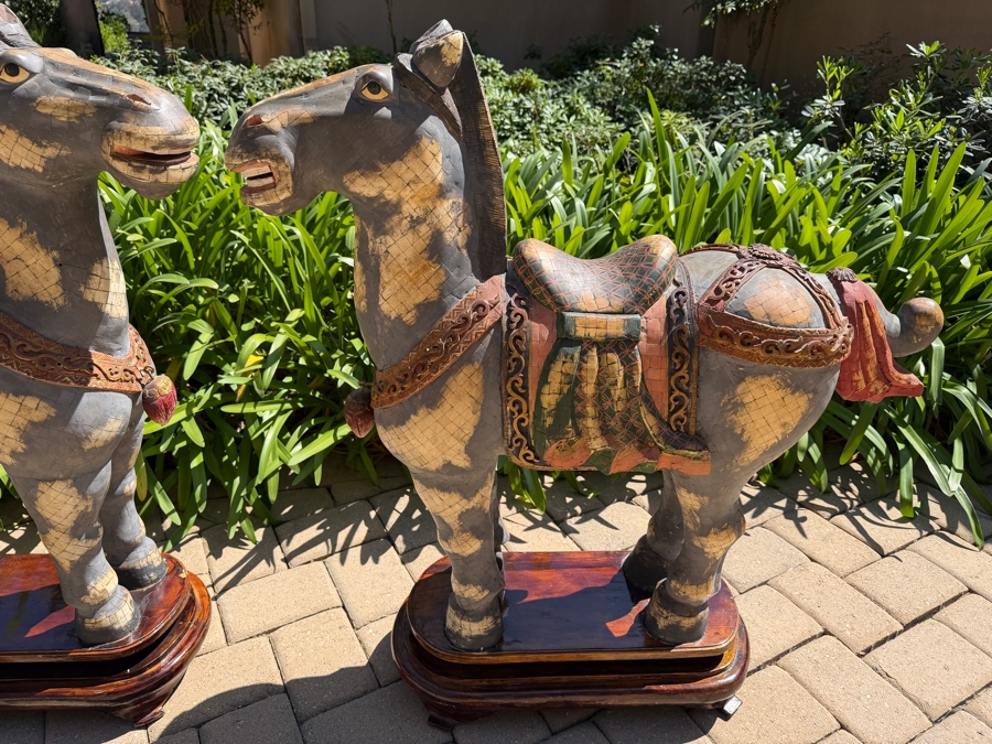 Impressive Pair Of Large Chinese Tang Dynasty Style Carved Wooden Polychrome Horse Sculptures Adorned With Bone On Custom Wooden Stands 36W X 11D X 40H (RSF) [Photo 5]
