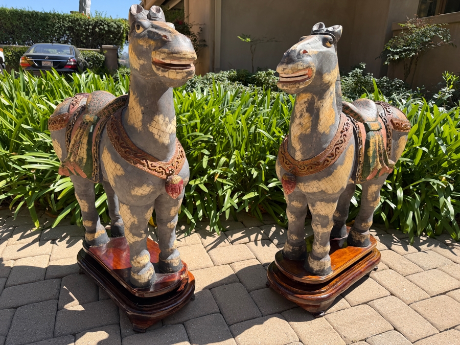 Impressive Pair Of Large Chinese Tang Dynasty Style Carved Wooden Polychrome Horse Sculptures Adorned With Bone On Custom Wooden Stands 36W X 11D X 40H (RSF) [Photo 18]