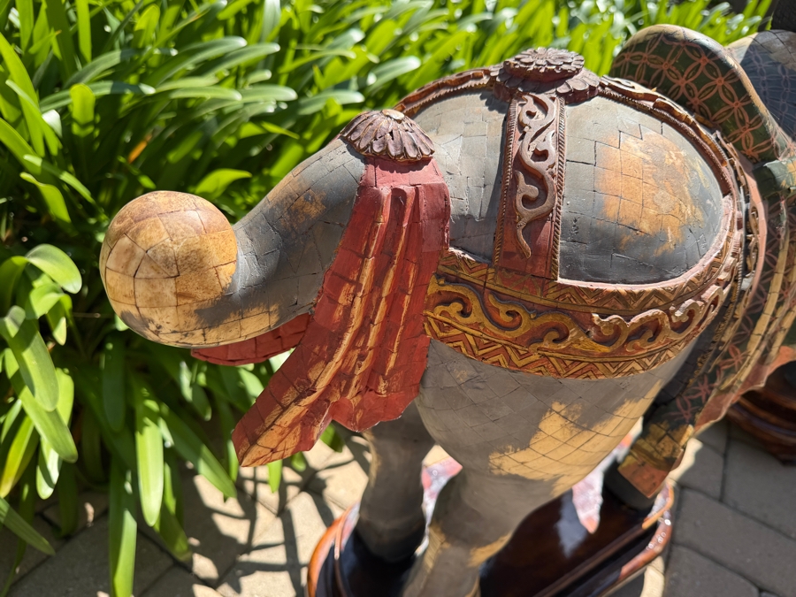 Impressive Pair Of Large Chinese Tang Dynasty Style Carved Wooden Polychrome Horse Sculptures Adorned With Bone On Custom Wooden Stands 36W X 11D X 40H (RSF) [Photo 17]