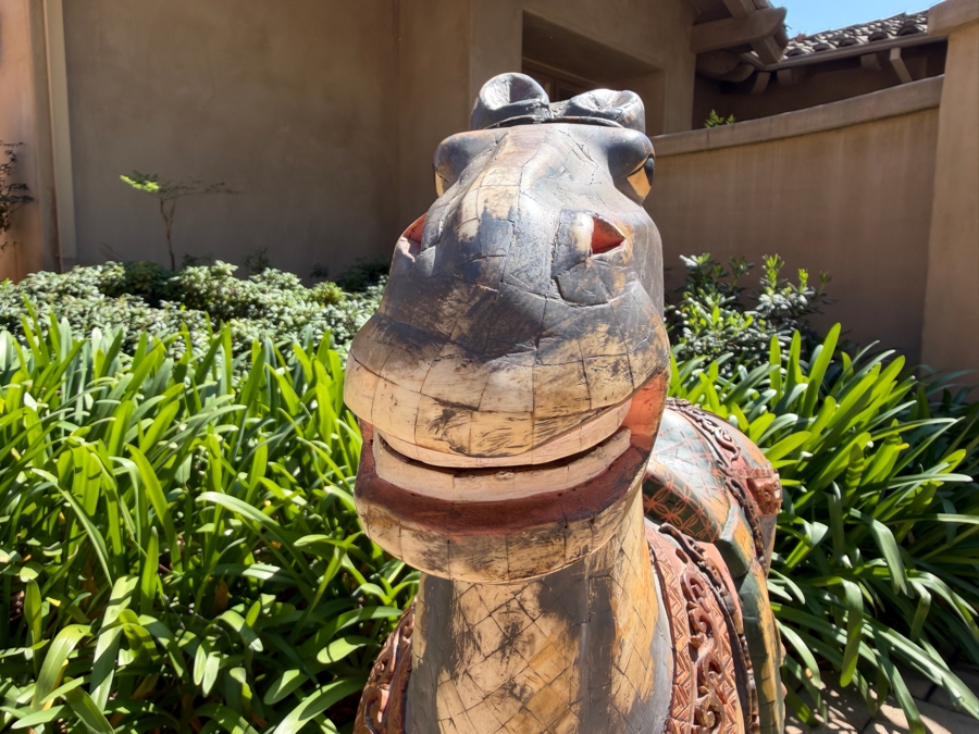 Impressive Pair Of Large Chinese Tang Dynasty Style Carved Wooden Polychrome Horse Sculptures Adorned With Bone On Custom Wooden Stands 36W X 11D X 40H (RSF) [Photo 19]