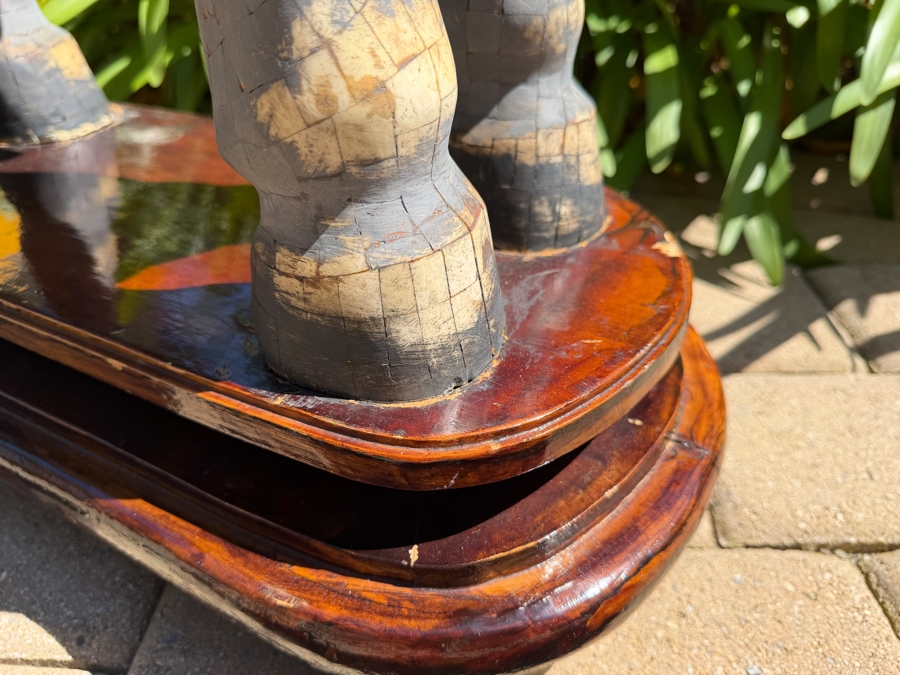 Impressive Pair Of Large Chinese Tang Dynasty Style Carved Wooden Polychrome Horse Sculptures Adorned With Bone On Custom Wooden Stands 36W X 11D X 40H (RSF) [Photo 13]