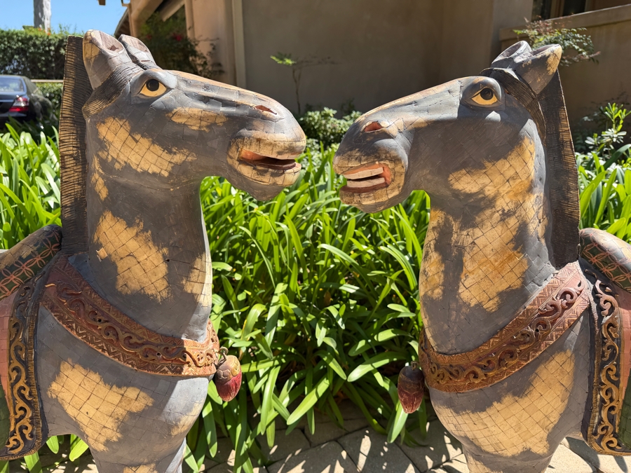 Impressive Pair Of Large Chinese Tang Dynasty Style Carved Wooden Polychrome Horse Sculptures Adorned With Bone On Custom Wooden Stands 36W X 11D X 40H (RSF) [Photo 11]