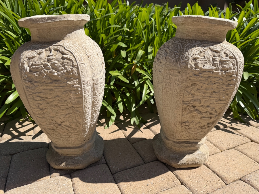 Pair Of Chinese Style Cast Concrete Vases 21H (RSF)
