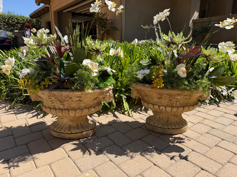 Pair Of Large Cast Stone Ram Urn Planters With Artificial Flowers 29W X 18H (RSF) [Photo 3]