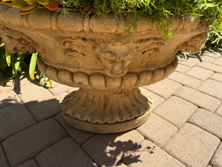 Pair Of Large Cast Stone Ram Urn Planters With Artificial Flowers 29W X 18H (RSF) [Photo 7]