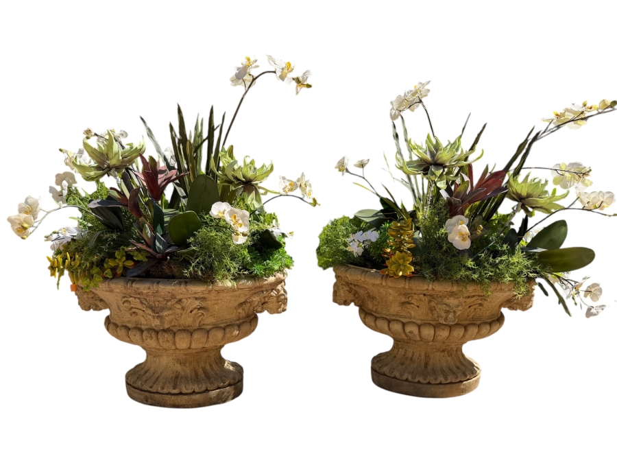 Pair Of Large Cast Stone Ram Urn Planters With Artificial Flowers 29W X 18H (RSF) [Photo 2]