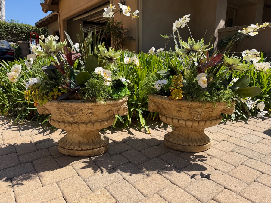 Pair Of Large Cast Stone Ram Urn Planters With Artificial Flowers 29W X 18H (RSF)