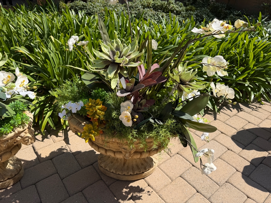 Pair Of Large Cast Stone Ram Urn Planters With Artificial Flowers 29W X 18H (RSF) [Photo 6]