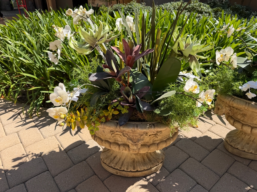 Pair Of Large Cast Stone Ram Urn Planters With Artificial Flowers 29W X 18H (RSF) [Photo 5]