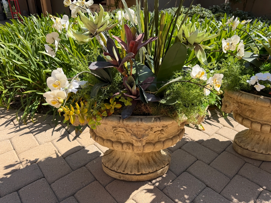 Pair Of Large Cast Stone Ram Urn Planters With Artificial Flowers 29W X 18H (RSF) [Photo 4]