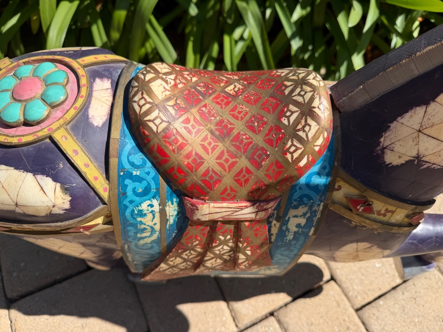 Chinese Tang Dynasty Style Carved Wooden Polychrome Horse Sculpture Adorned With Bone 30W X 8D X 24.5H (RSF) [Photo 4]