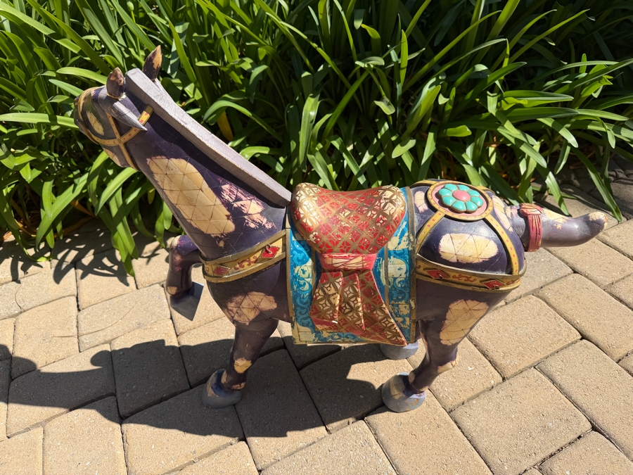 Chinese Tang Dynasty Style Carved Wooden Polychrome Horse Sculpture Adorned With Bone 30W X 8D X 24.5H (RSF) [Photo 7]