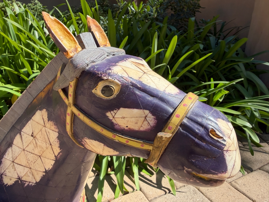 Chinese Tang Dynasty Style Carved Wooden Polychrome Horse Sculpture Adorned With Bone 30W X 8D X 24.5H (RSF) [Photo 5]