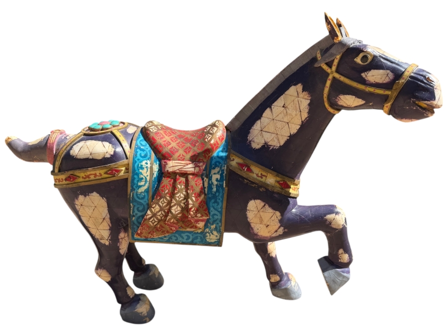 Chinese Tang Dynasty Style Carved Wooden Polychrome Horse Sculpture Adorned With Bone 30W X 8D X 24.5H (RSF) [Photo 2]