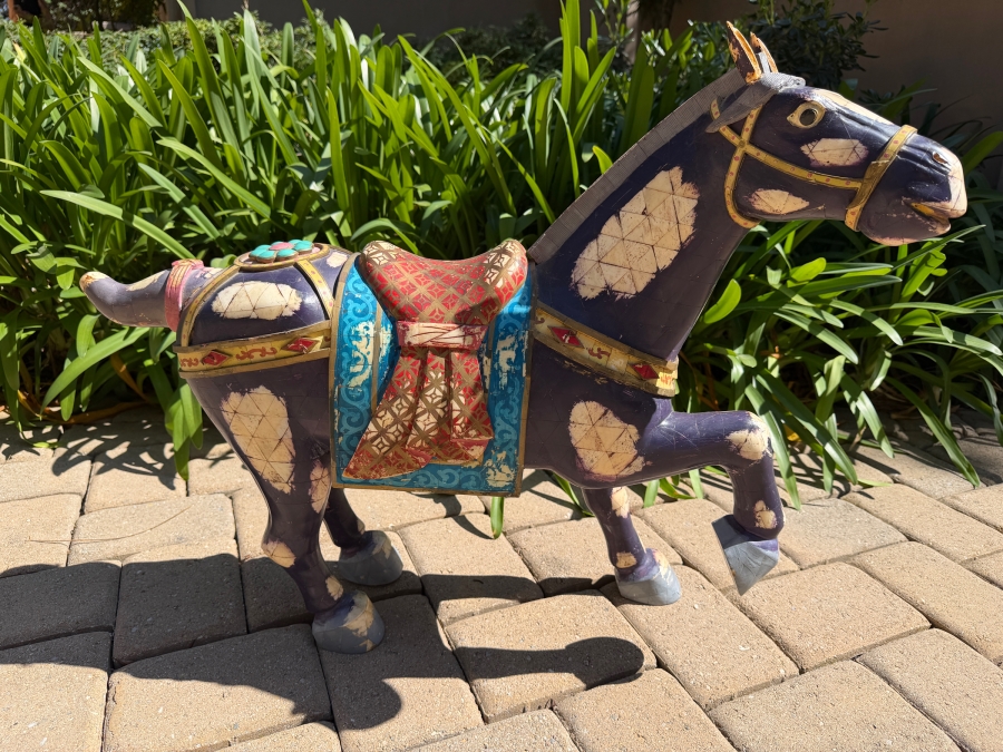 Chinese Tang Dynasty Style Carved Wooden Polychrome Horse Sculpture Adorned With Bone 30W X 8D X 24.5H (RSF)