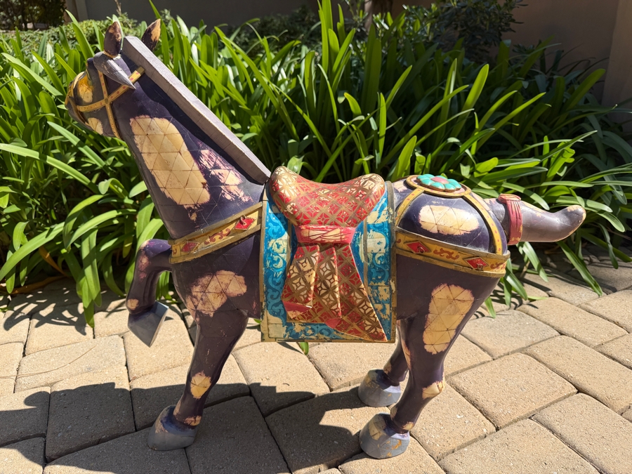 Chinese Tang Dynasty Style Carved Wooden Polychrome Horse Sculpture Adorned With Bone 30W X 8D X 24.5H (RSF) [Photo 6]