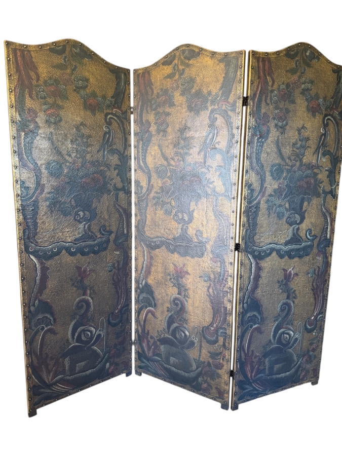Just Added - Antiqued 3-Panel Wooden Room Divider With Painted Overlay Crackle Finish And Nailhead Trim