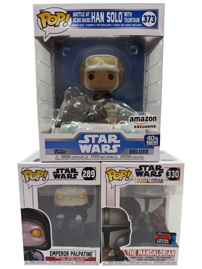 Funko Pop! Star Wars Bundle - Amazon Exclusive Battle At Echo Base Han Solo With Tauntaun #373, 2019 Fall Convention Mandalorian #330 & Emperor Palpatine #289