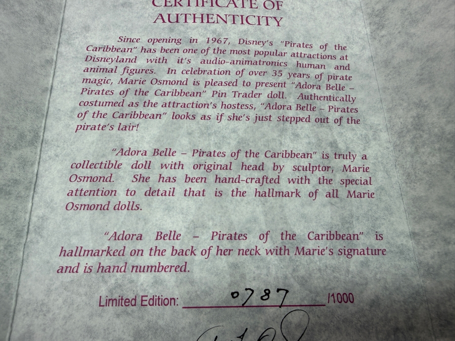 Marie Osmond Adora Belle Pirates Of The Caribbean Pin Trader Doll With Original Box And COA - Limited Edition 1000 - 2003 Disneyland Exclusive Vinyl Doll [Photo 11]