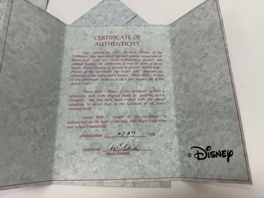 Marie Osmond Adora Belle Pirates Of The Caribbean Pin Trader Doll With Original Box And COA - Limited Edition 1000 - 2003 Disneyland Exclusive Vinyl Doll [Photo 9]