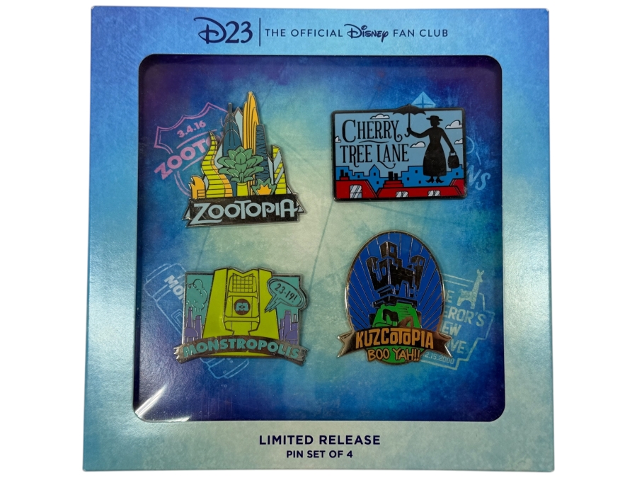 D23 Fantastic Worlds Pin Set - Limited Release Set Of 4 Enamel Pins - 2020 D23 Gold Member Exclusive Boxed Collection