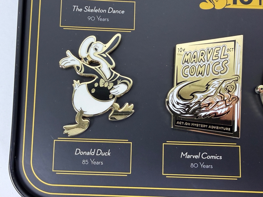 Disney D23 Gold Member 2019 Anniversary Gift 10 Fan-Tastic Milestones Pin Set - Limited Edition Gold-Tone Glitter Finish Pins In Display Tin [Photo 9]